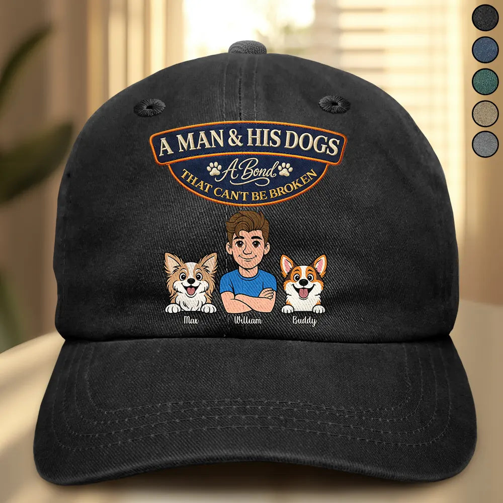 Pet Lovers,Pet Mom,Pet Dad,Dog Lovers,Dog Mom,Dog Dad,Cat Lovers,Cat Mom,Cat Dad,Gift For Women,Gift For Men,Happy,Top Market,Top Market,Vector - Retro Style A Man And His Dog Cat A Bond That Can't Be Broken - Personalized Vintage Washed Denim Cap