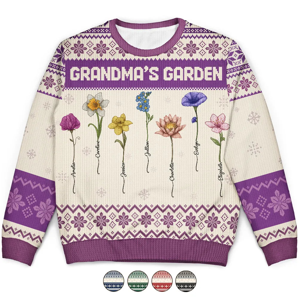 Knitted Effect Birth Flower Grandma's Garden - Personalized Unisex Ugly Sweater