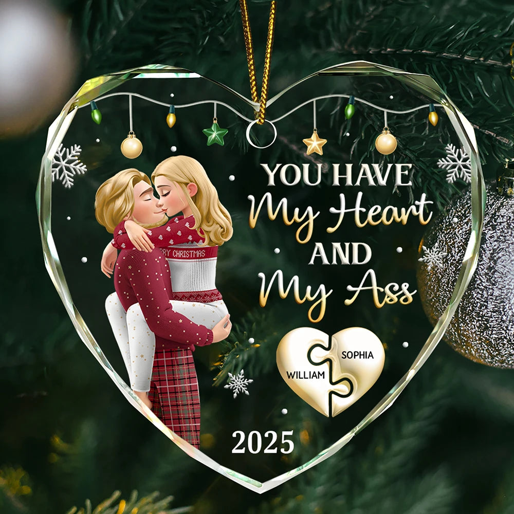 You Have My Heart Couple - Personalized Heart Shaped Glass Ornament