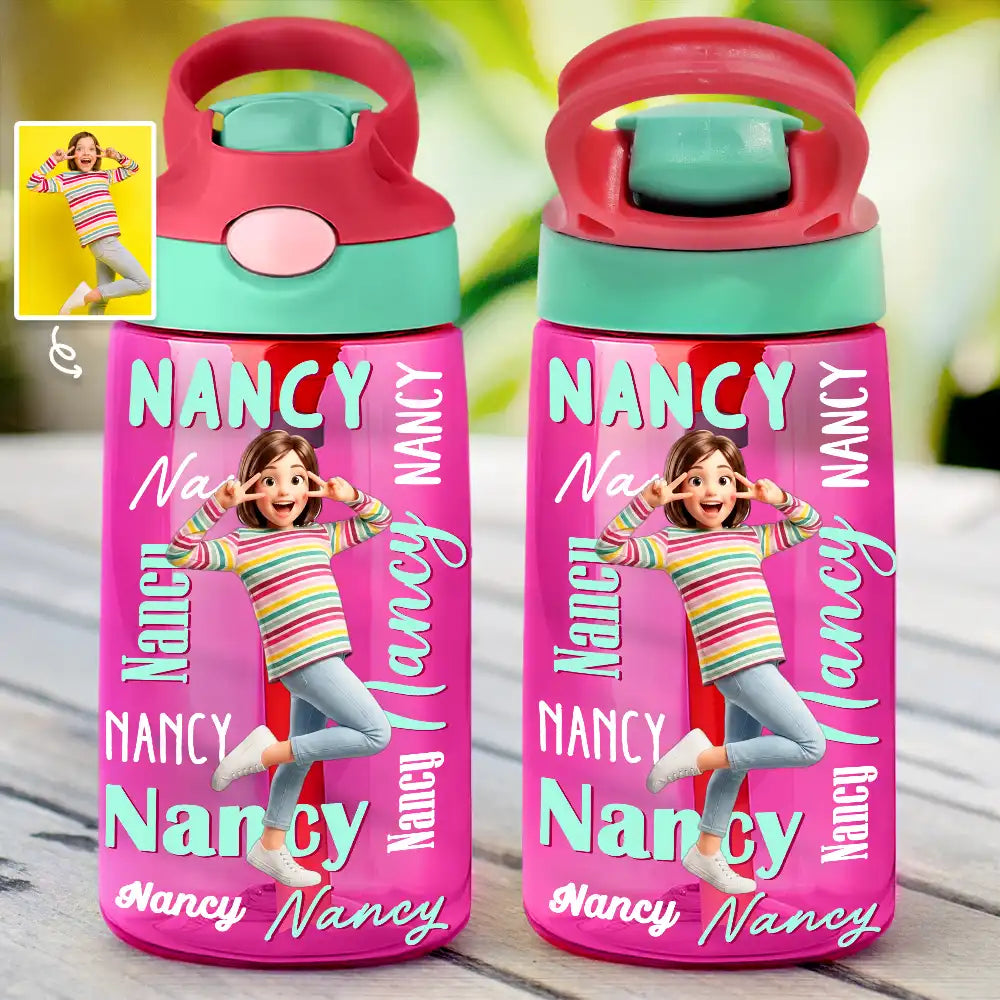 Custom Photo Cartoon Portrait Adorable Kids With Name - Personalized Kids Water Bottle With Straw