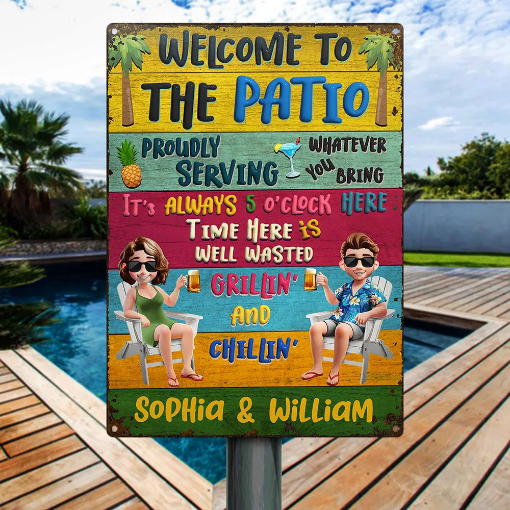 Happy,Gift For Couples,Couple's Hobby,Patio,Grilling - Patio Welcome Grilling Proudly Serving Whatever You Bring Cartoon Couple - Personalized Classic Metal Signs
