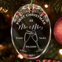 Gift For Couples, Wedding Anniversary, Married, Christmas, Love - Champagne Cheer First Christmas Couple - Personalized Oval Glass Ornament