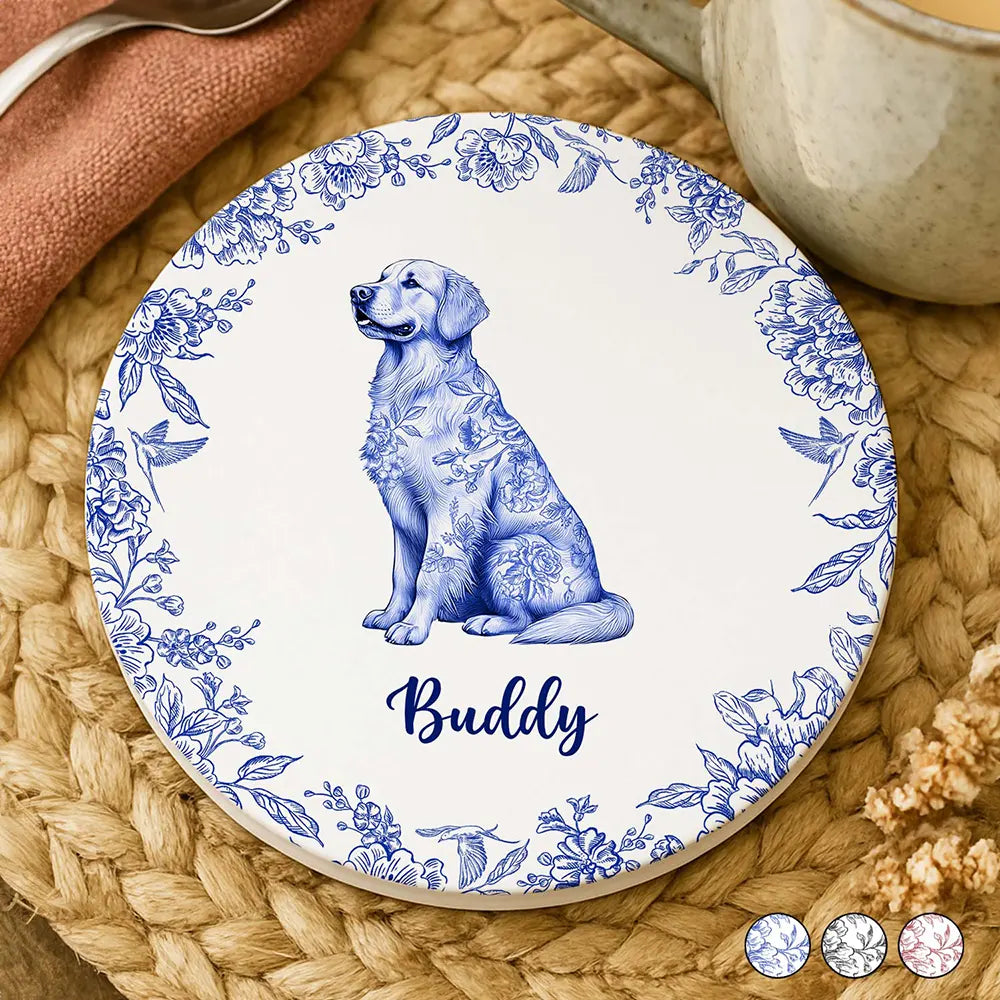 Dog Lovers,Pet Lovers,Cat Lovers,Happy - Chinoiserie Toile Dog Cat - Personalized Ceramic Coaster