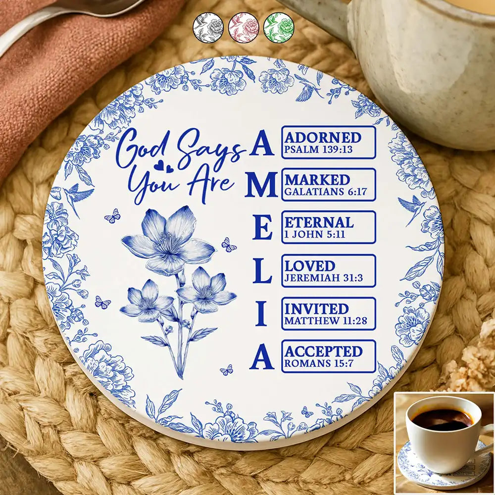 God Says I Am Toile De Jouy Flower - Personalized Ceramic Coaster