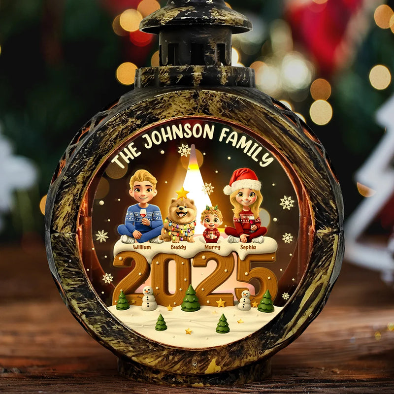 Family,Gift For Grandparents,Parents,Gift For Kids,Happy,Christmas,Non-Eng - 3D Effect Christmas Family And Dog Cat - Personalized Candlelight Lantern Ornament