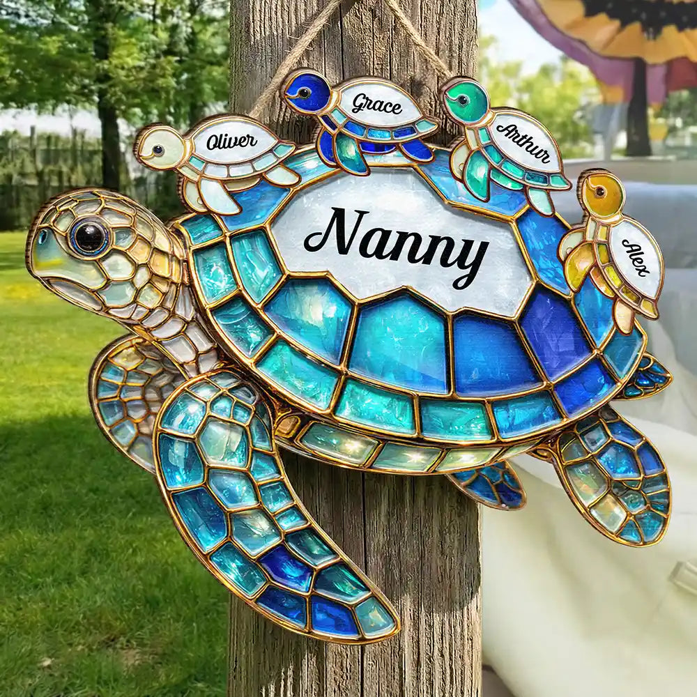 Gift For Grandma,Grandma - Grandkids,Gift For Mother,Beach,Happy - Turtle Stained Glass Mum Nanny - Personalised Custom Shaped Wood Sign