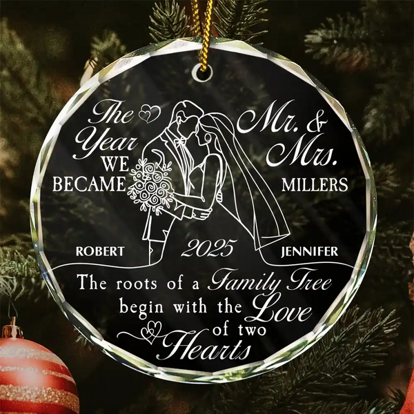 Gift For Couples,Wedding Anniversary,Married ,Christmas,Love - First Christmas Couple The Roots Of A Family Tree Begin - Personalized Circle Glass Ornament 