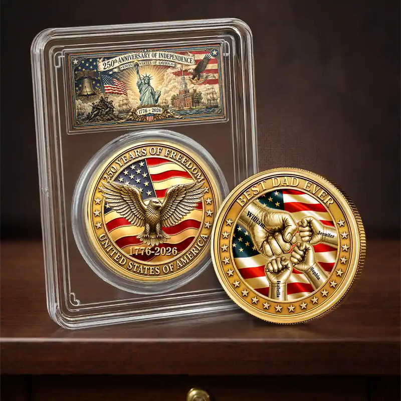 Gift For Father, America 250th, Independence Day, Top Market, Proud, Icon - 250Th Anniversary Best Dad Grandpa Ever Fist Bump - Personalized Commemorative Keepsake Coin