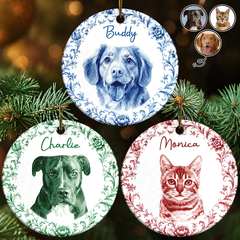 Custom Photo Single-Color Watercolor Loving Dog Cat Pet Portrait - Personalized Circle Ceramic Ornament