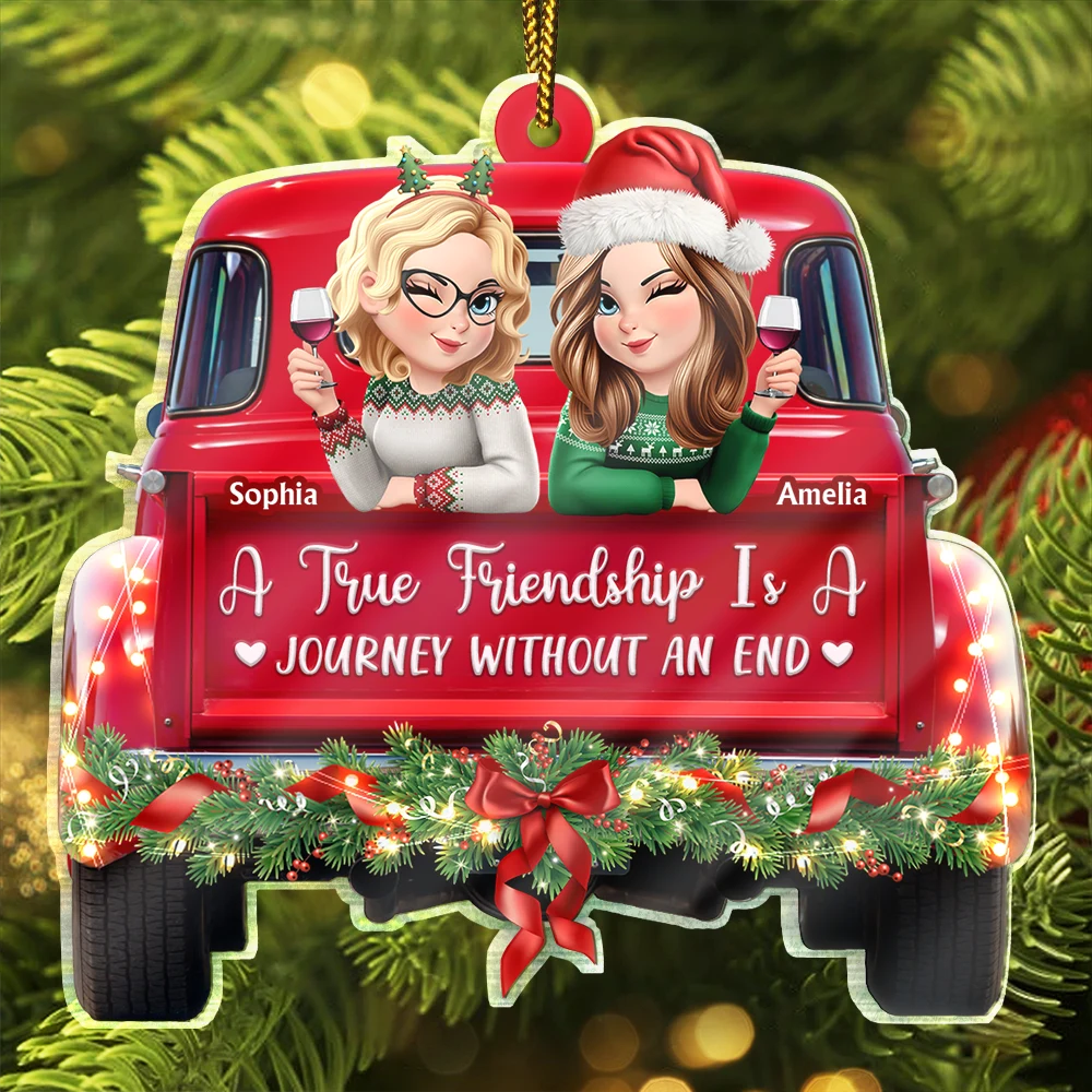 Gift For Bestie, Christmas, Love - A Journey Without An End 3D Effect Bestie Red Truck - Personalized Custom Shaped Acrylic Ornament