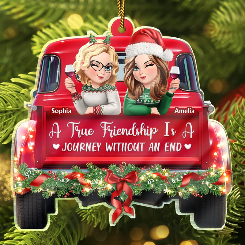 Gift For Bestie, Christmas, Love - A Journey Without An End 3D Effect Bestie Red Truck - Personalized Custom Shaped Acrylic Ornament