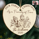 Parents,New Baby,Art Design,Christmas,Photo - Pencil Sketch - Remove BG,Happy - Custom Photo Pencil Sketch First Christmas As A Family Of Four - Personalized Custom Shaped Wooden Ornament