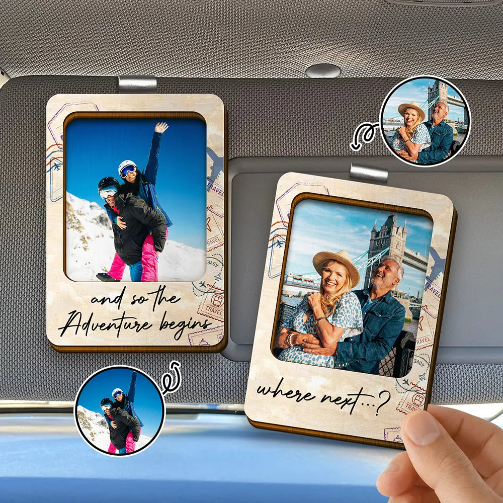 Gift For Couples,Gift For Wife,Gift For Husband,Gift For Girlfriend,Gift For Boyfriend,Travel,Love - Custom Photo And So The Adventure Begins Traveling Couple - Personalized Custom Shaped Car Visor Clip