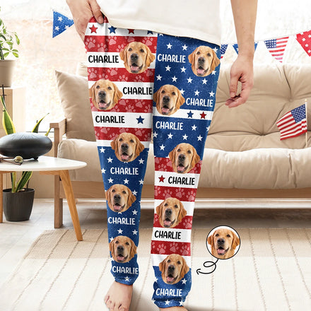 Custom Photo Funny Pet Face Pattern Dog Cat US Flag - Personalized Pajama Pants