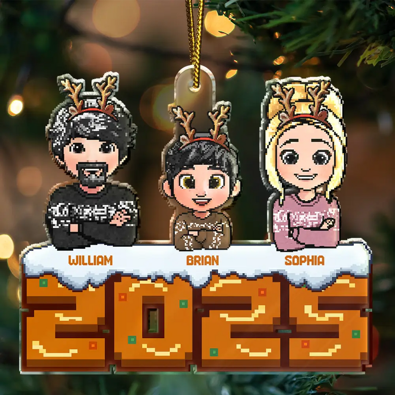 Family,Gift For Couples,Parents,Happy,Christmas - Christmas Fun Family Pixel Game Style - Personalized Custom Shaped Acrylic Ornament