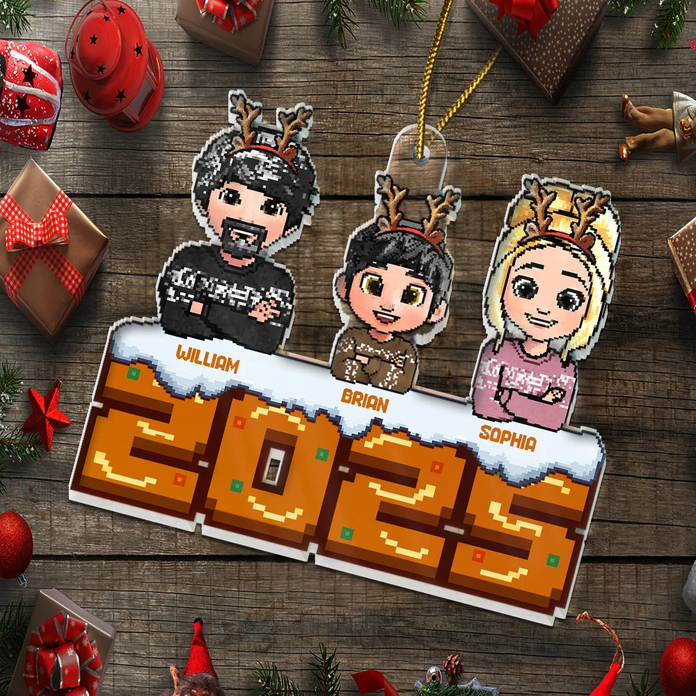 Family,Gift For Couples,Parents,Happy,Christmas - Christmas Fun Family Pixel Game Style - Personalized Custom Shaped Acrylic Ornament
