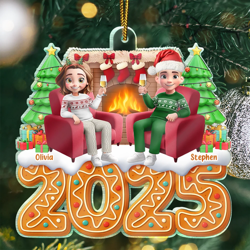 Gift For Couples,Happy,Christmas - Christmas Fireplace Gingerbread 3D Effect Couple - Personalized Custom Shaped Acrylic Ornament
