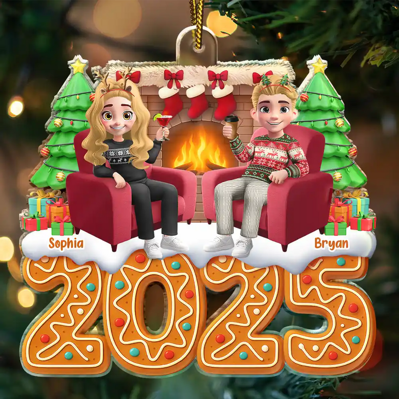 Gift For Couples,Happy,Christmas - Christmas Fireplace Gingerbread 3D Effect Couple - Personalized Custom Shaped Acrylic Ornament