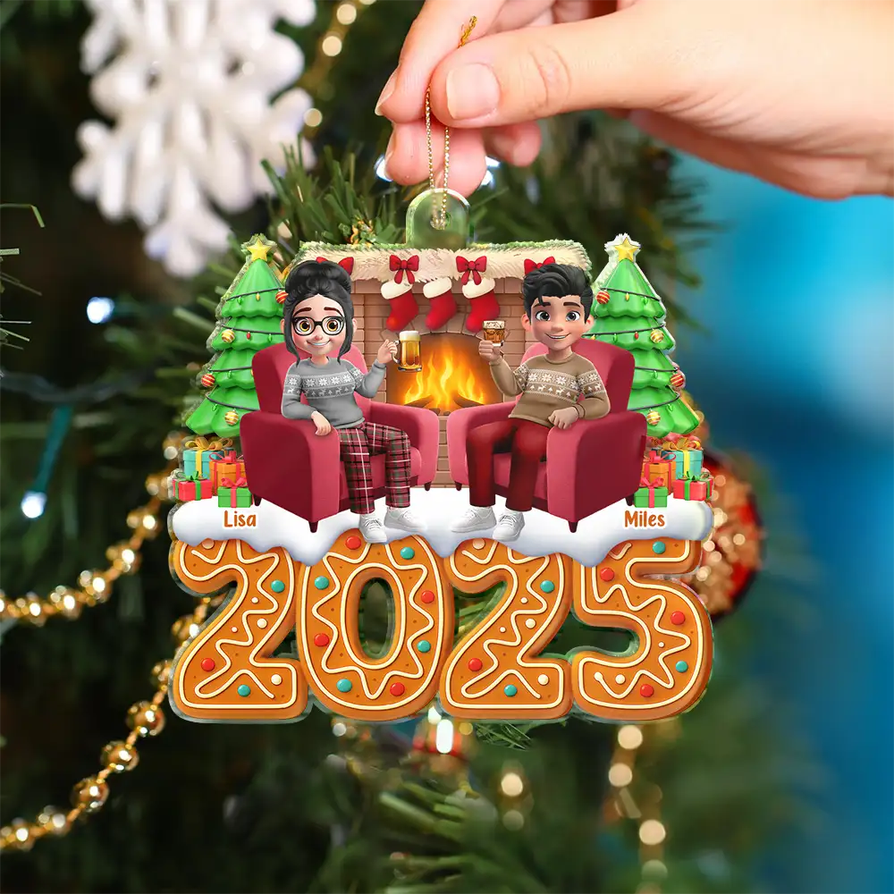 Gift For Couples,Happy,Christmas - Christmas Fireplace Gingerbread 3D Effect Couple - Personalized Custom Shaped Acrylic Ornament