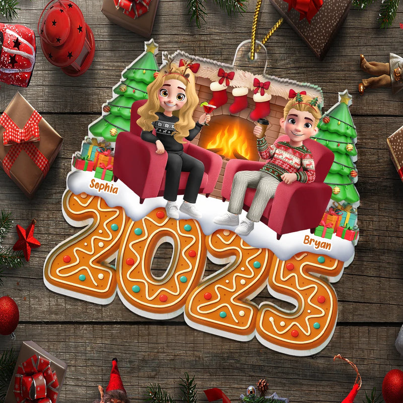 Gift For Couples,Happy,Christmas - Christmas Fireplace Gingerbread 3D Effect Couple - Personalized Custom Shaped Acrylic Ornament