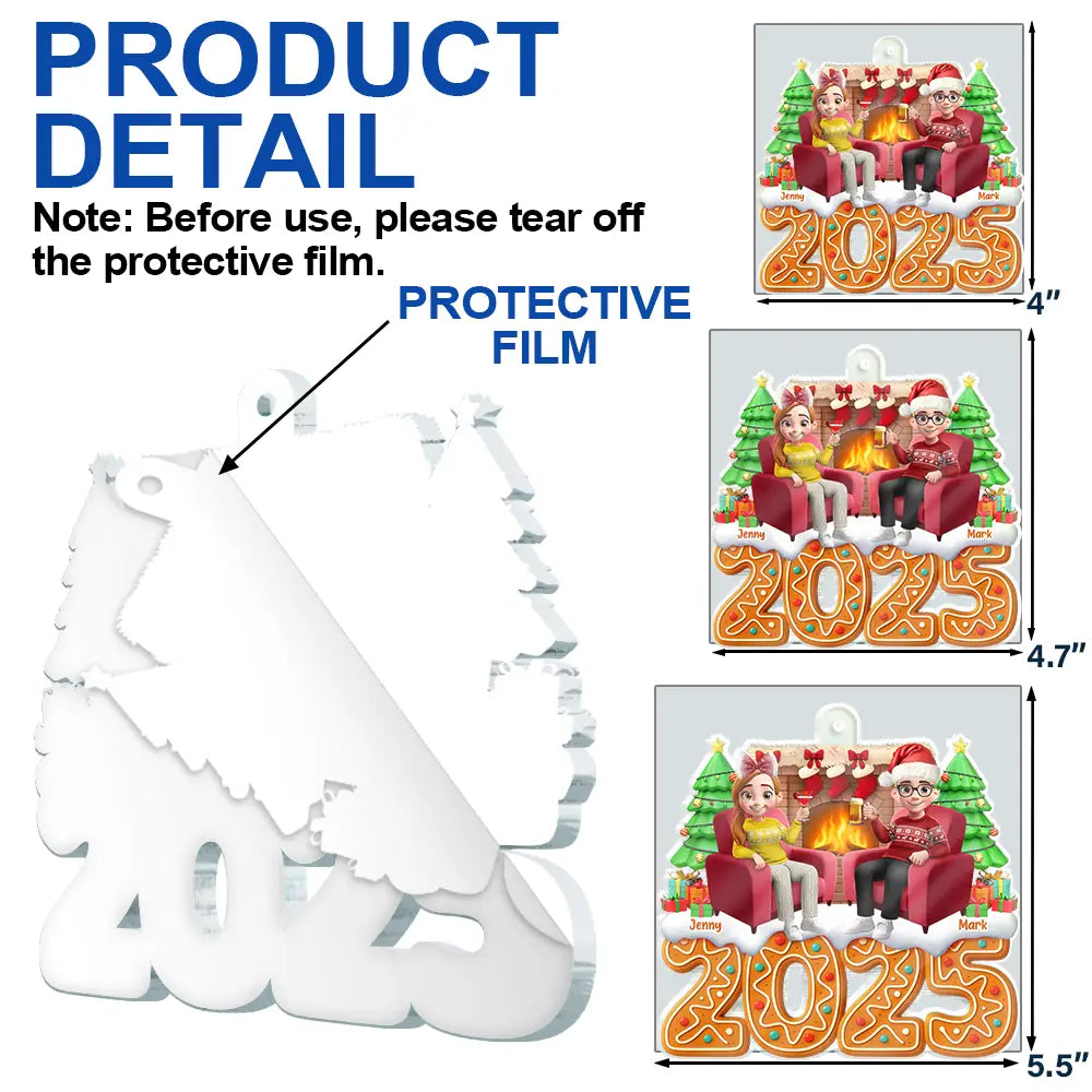 Gift For Couples,Happy,Christmas - Christmas Fireplace Gingerbread 3D Effect Couple - Personalized Custom Shaped Acrylic Ornament