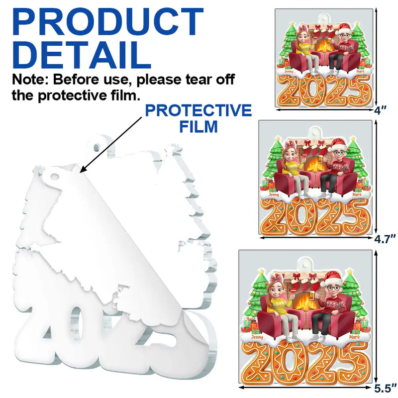 Gift For Couples,Happy,Christmas - Christmas Fireplace Gingerbread 3D Effect Couple - Personalized Custom Shaped Acrylic Ornament