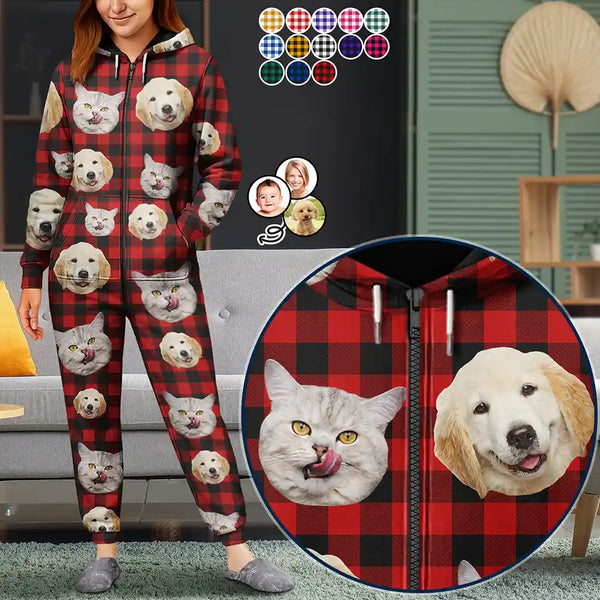 Pet Lovers,Family,Custom Photo,Happy - Custom Photo Funny Dog Cat Pet Human Face - Personalized Overall Onesie Hooded Jumpsuit