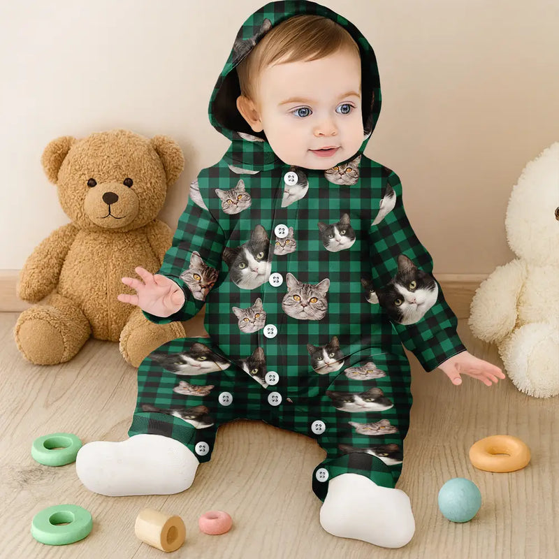 Pet Lovers,Family,Custom Photo,Happy - Custom Photo Funny Dog Cat Pet Human Face - Personalized Overall Onesie Hooded Jumpsuit