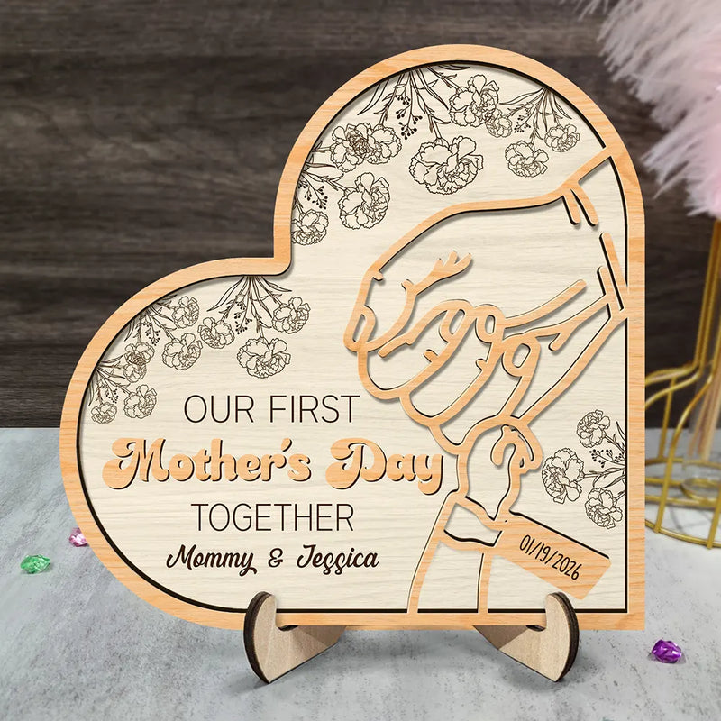 New Mom,New Dad,New baby,Gift For Mother,Love,Happy - Birth Flower Our First Mother's Day Together - Personalized 2-Layered Wooden Plaque With Stand
