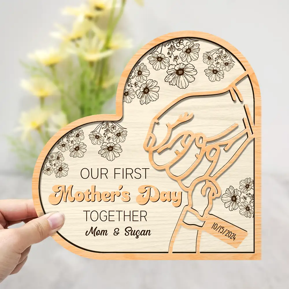 New Mom,New Dad,New baby,Gift For Mother,Love,Happy - Birth Flower Our First Mother's Day Together - Personalized 2-Layered Wooden Plaque With Stand