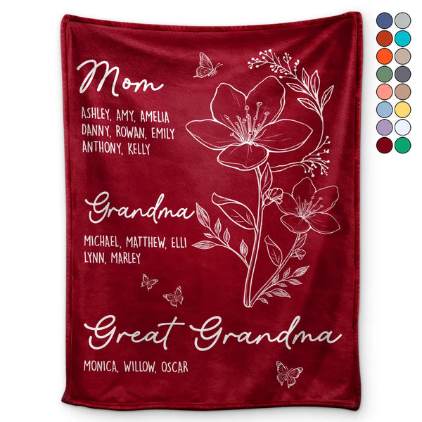 Gift For Mother,Gift For Grandma,Love,Happy - Mom Grandma Great Grandma Birth Flower - Personalized Fleece Blanket, Sherpa Blanket
