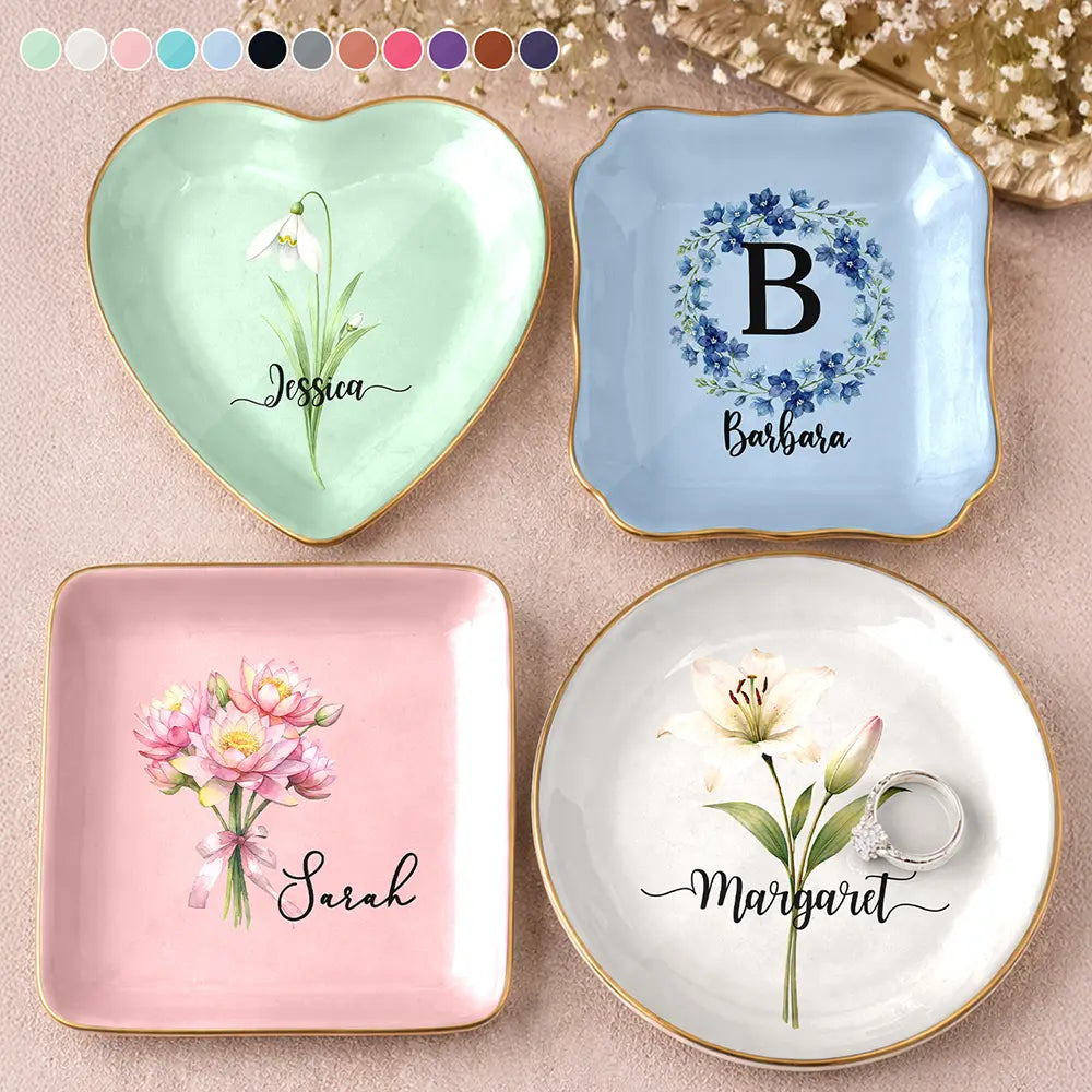 Gift For Women,Gift For Mother,Gift For Grandma,Gift For Wife,Gift For Daughter,Happy - Watercolor Birth Flower Mother Daughter Sister Custom Name - Personalized Ring Dish