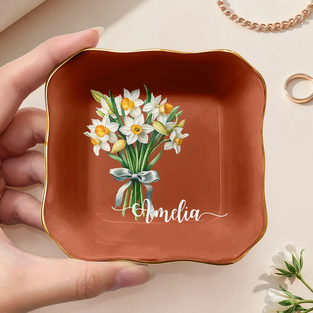 Gift For Women,Gift For Mother,Gift For Grandma,Gift For Wife,Gift For Daughter,Happy - Watercolor Birth Flower Mother Daughter Sister Custom Name - Personalized Ring Dish