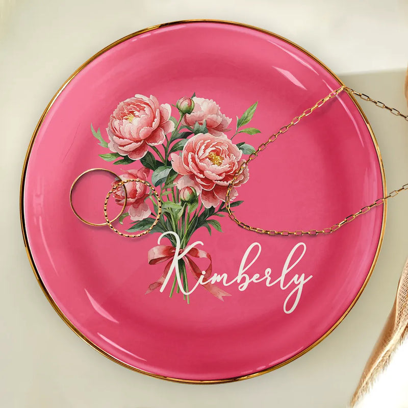 Gift For Women,Gift For Mother,Gift For Grandma,Gift For Wife,Gift For Daughter,Happy - Watercolor Birth Flower Mother Daughter Sister Custom Name - Personalized Ring Dish