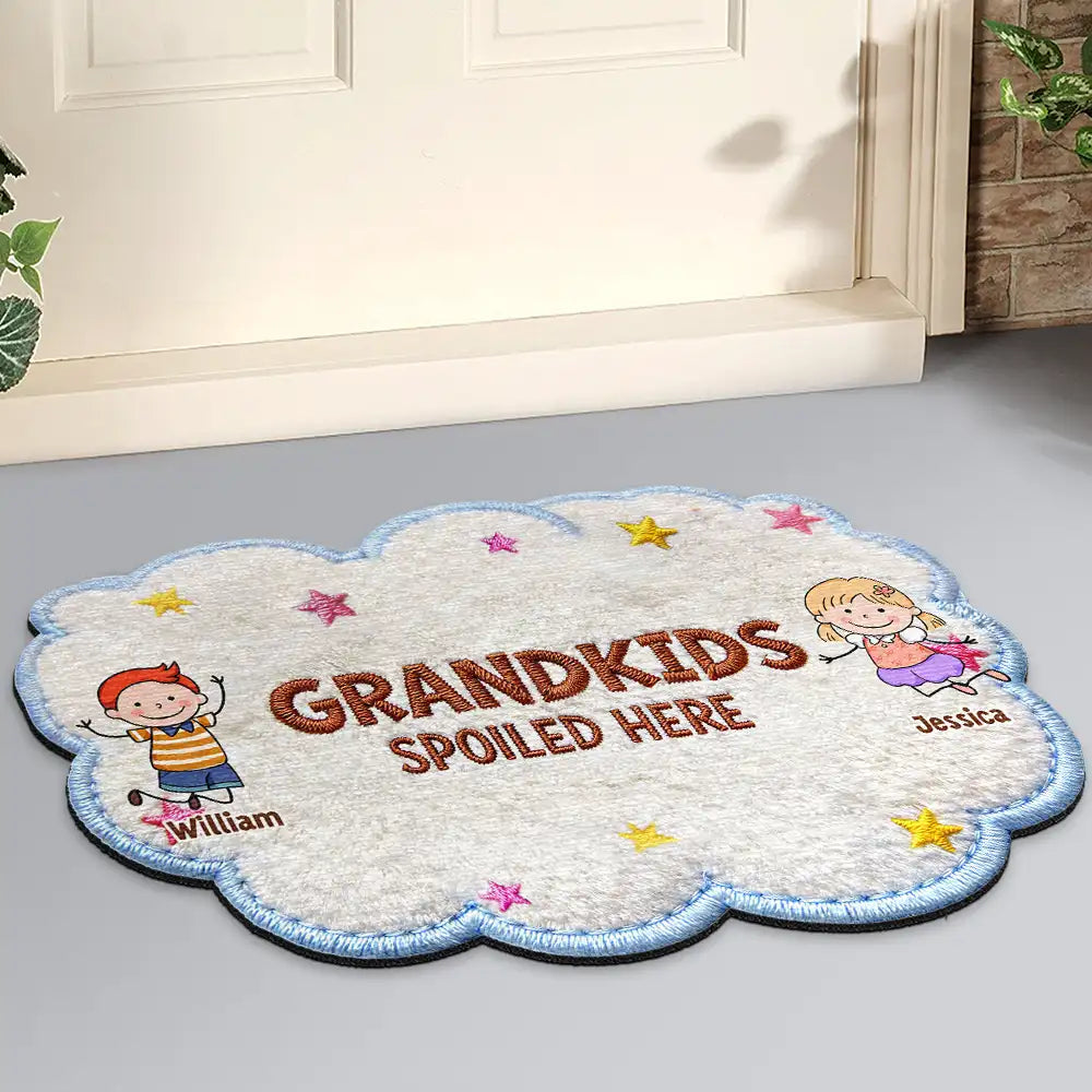 Gift For Grandma,Gift For Grandpa,Grandpa - Grandkids,Grandma - Grandkids,Gift For Women,Gift For Men,Happy,Stick Figure,Pet Lovers - Faux Embroidery Effect Stick Figures Spoiled Grandkids Live Here - Personalized Custom Shaped Doormat