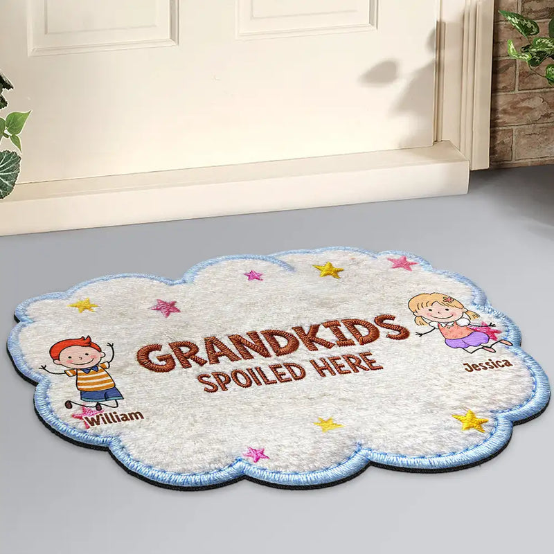 Gift For Grandma,Gift For Grandpa,Grandpa - Grandkids,Grandma - Grandkids,Gift For Women,Gift For Men,Happy,Stick Figure,Pet Lovers - Faux Embroidery Effect Stick Figures Spoiled Grandkids Live Here - Personalized Custom Shaped Doormat