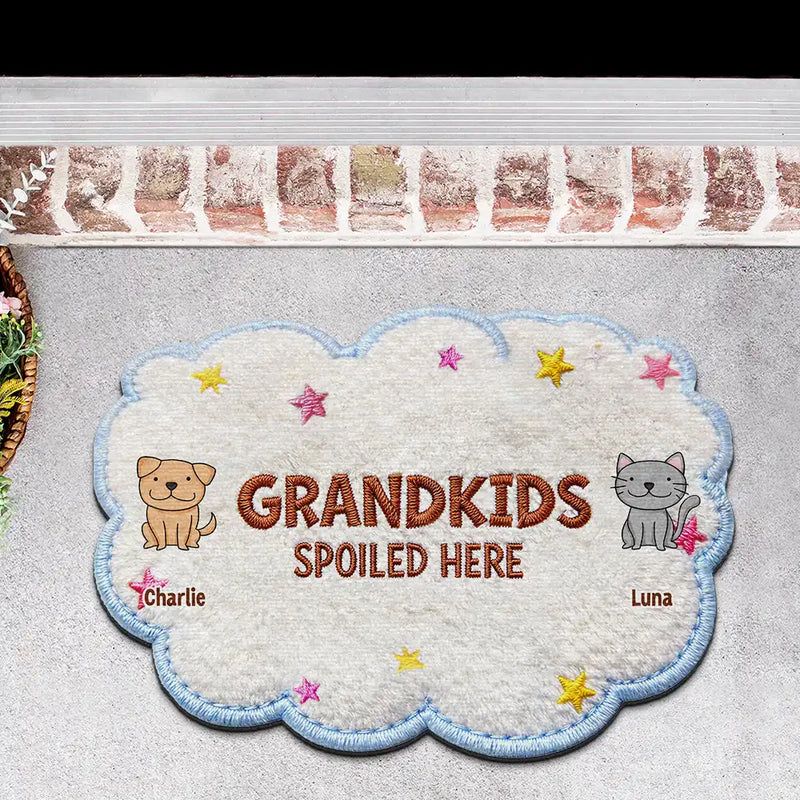 Gift For Grandma,Gift For Grandpa,Grandpa - Grandkids,Grandma - Grandkids,Gift For Women,Gift For Men,Happy,Stick Figure,Pet Lovers - Faux Embroidery Effect Stick Figures Spoiled Grandkids Live Here - Personalized Custom Shaped Doormat