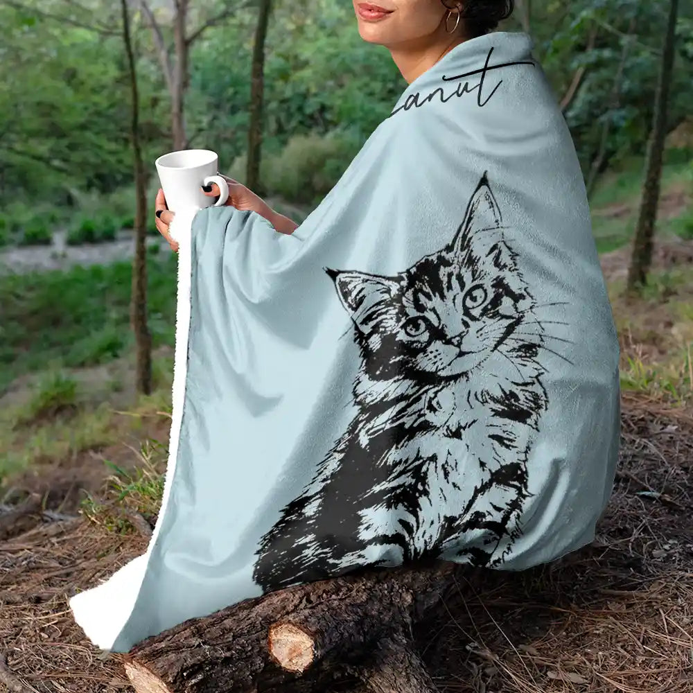 Family,Gift For Bestie,Dog Lovers,Cat Lovers,Happy,Custom Photo,Gift For Mother,Gift For Father - Custom Photo Pencil Sketch Family Dog Cat Portrait - Personalized Fleece Blanket, Sherpa Blanket