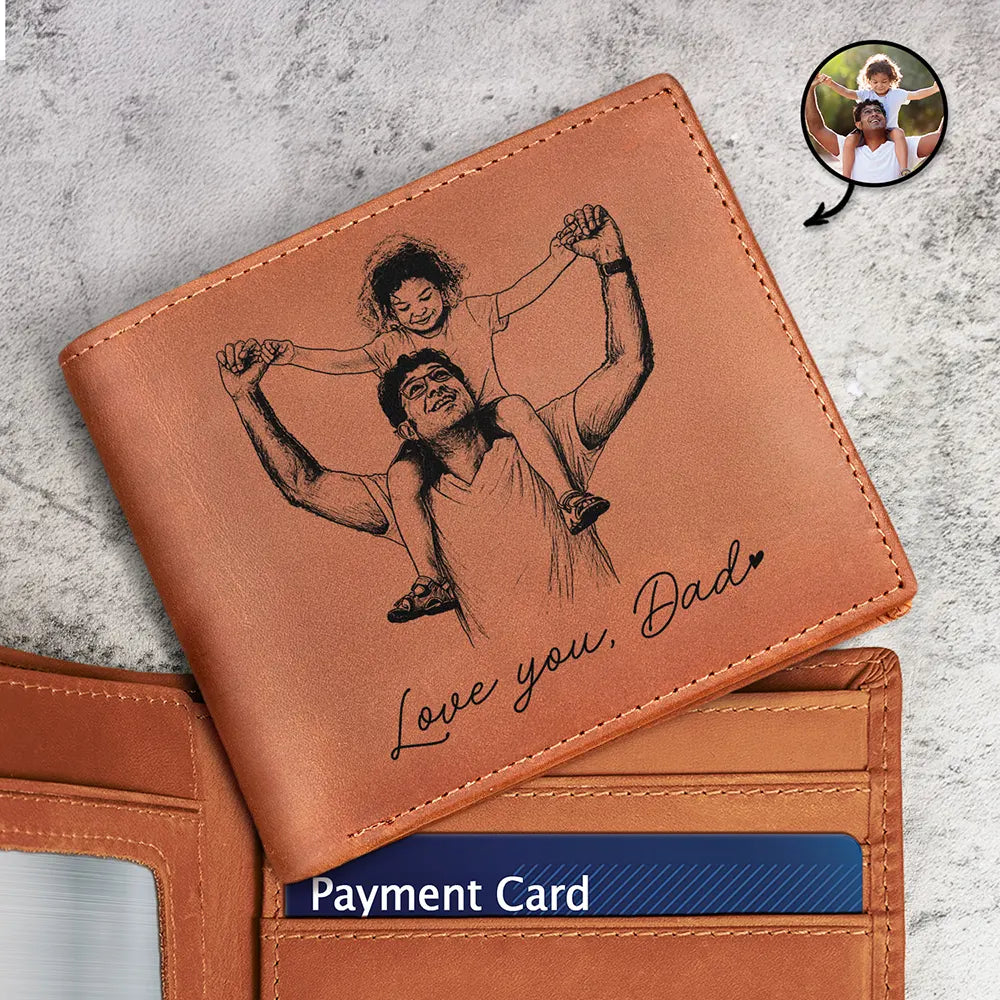 Custom Photo Pencil Sketch Family Dog Cat Portrait - Personalized Engraved Leather Wallet