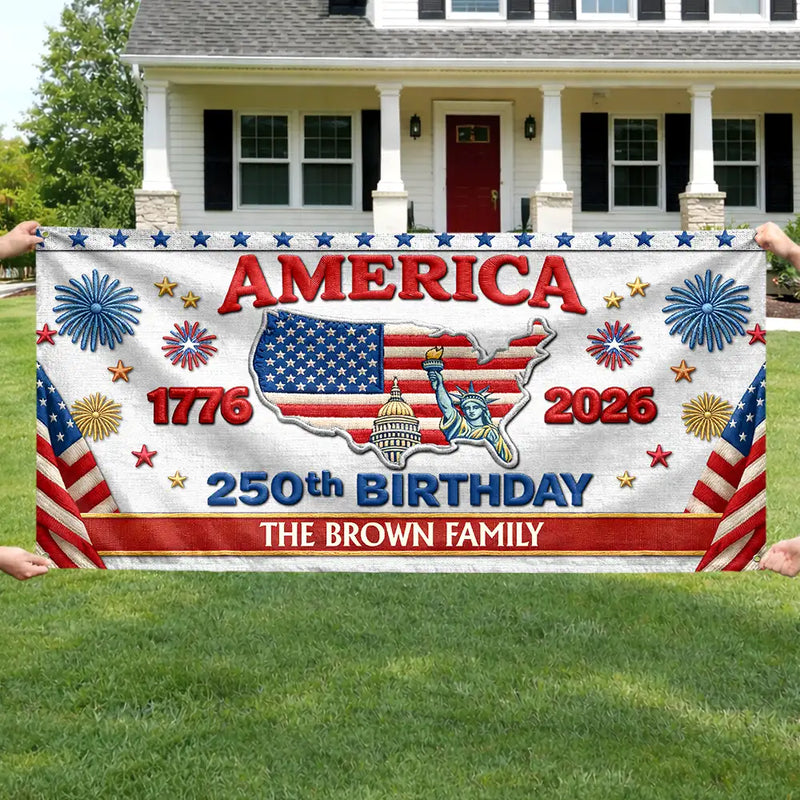 Family,Parents,Happy,America 250th - Faux Embroidery Effect 250th Birthday America Family Name - Personalized Horizontal Banner