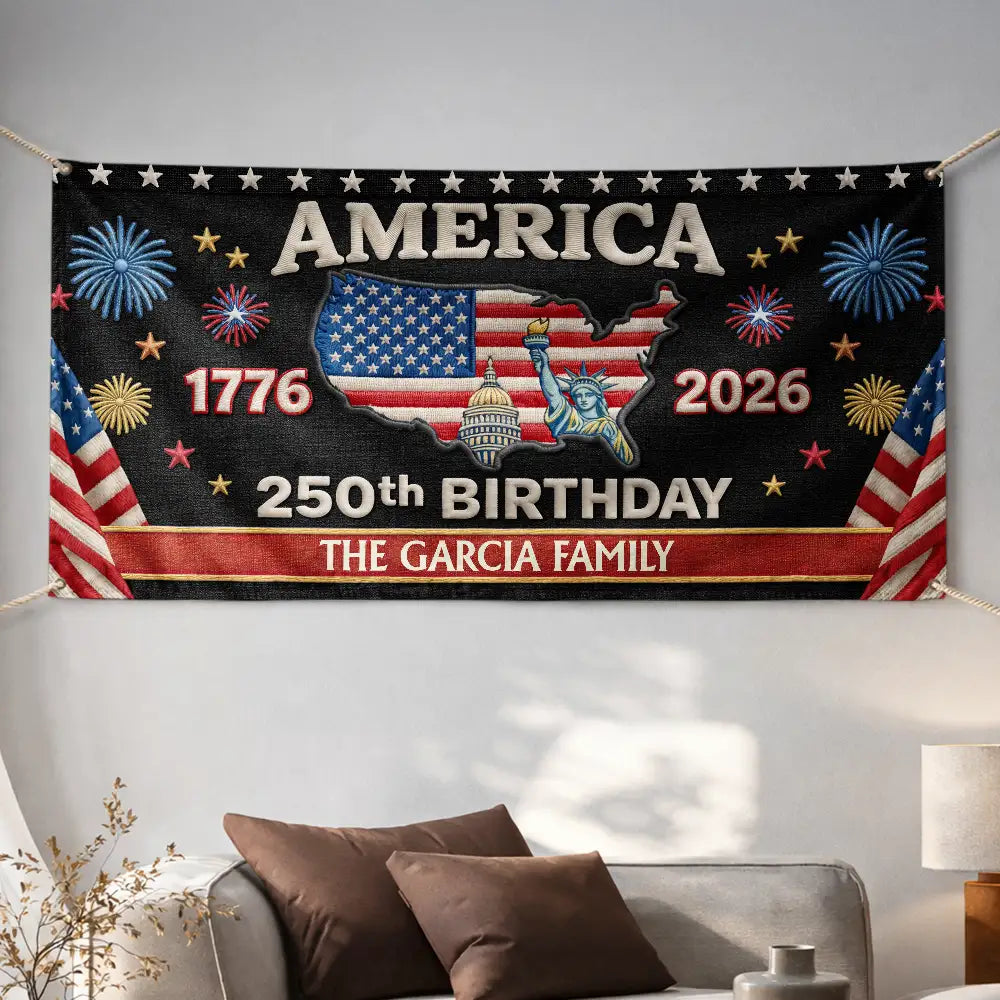 Family,Parents,Happy,America 250th - Faux Embroidery Effect 250th Birthday America Family Name - Personalized Horizontal Banner
