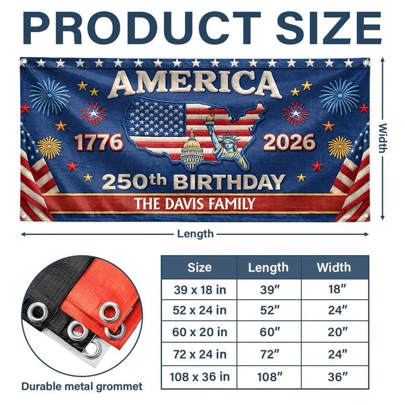Family,Parents,Happy,America 250th - Faux Embroidery Effect 250th Birthday America Family Name - Personalized Horizontal Banner