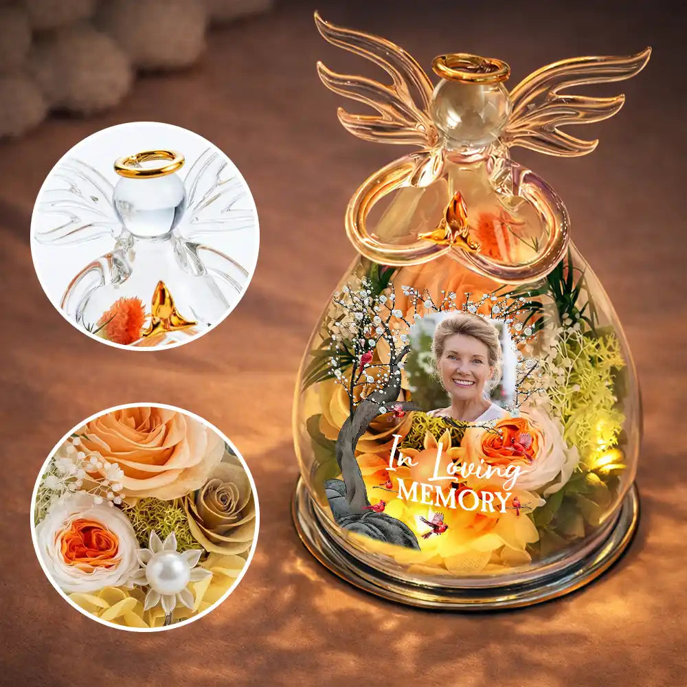Memorial,Custom Photo,Gift For Mother,Family,Sad,Photo - Custom Photo Memorial I Have An Angel Watching Over Me - Personalized Flower In Glass Angel Figurine