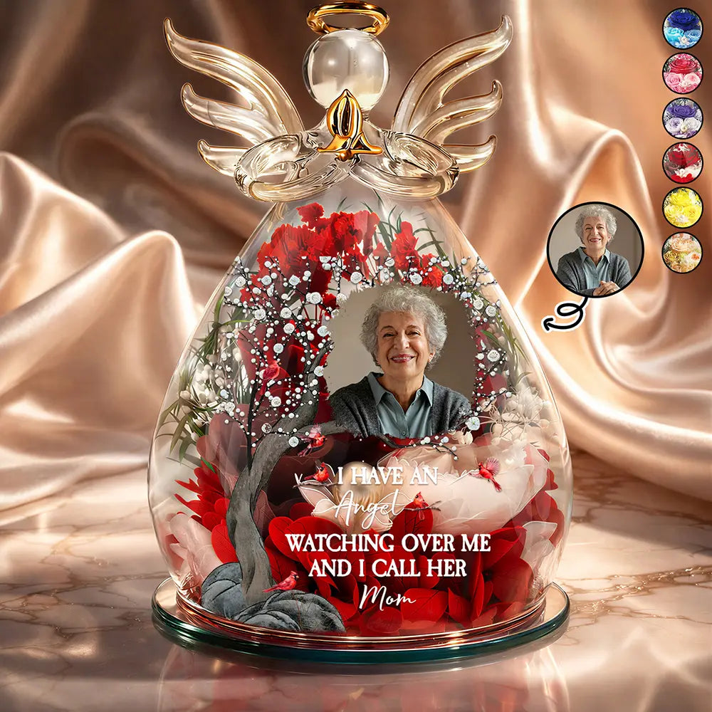 Memorial,Custom Photo,Gift For Mother,Family,Sad,Photo - Custom Photo Memorial I Have An Angel Watching Over Me - Personalized Flower In Glass Angel Figurine