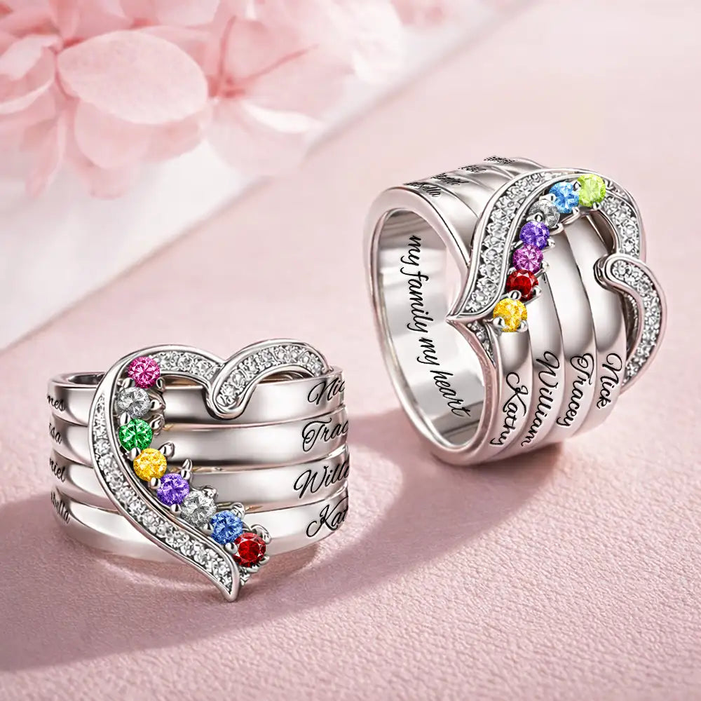 Gift For Grandma,Gift For Mother,Love,Happy,Gift For Women,Gift For Yourself - Custom Name Gemstones Jewelry Heart Shaped For Grandma Mom - Personalized Birthstone Heart Ring