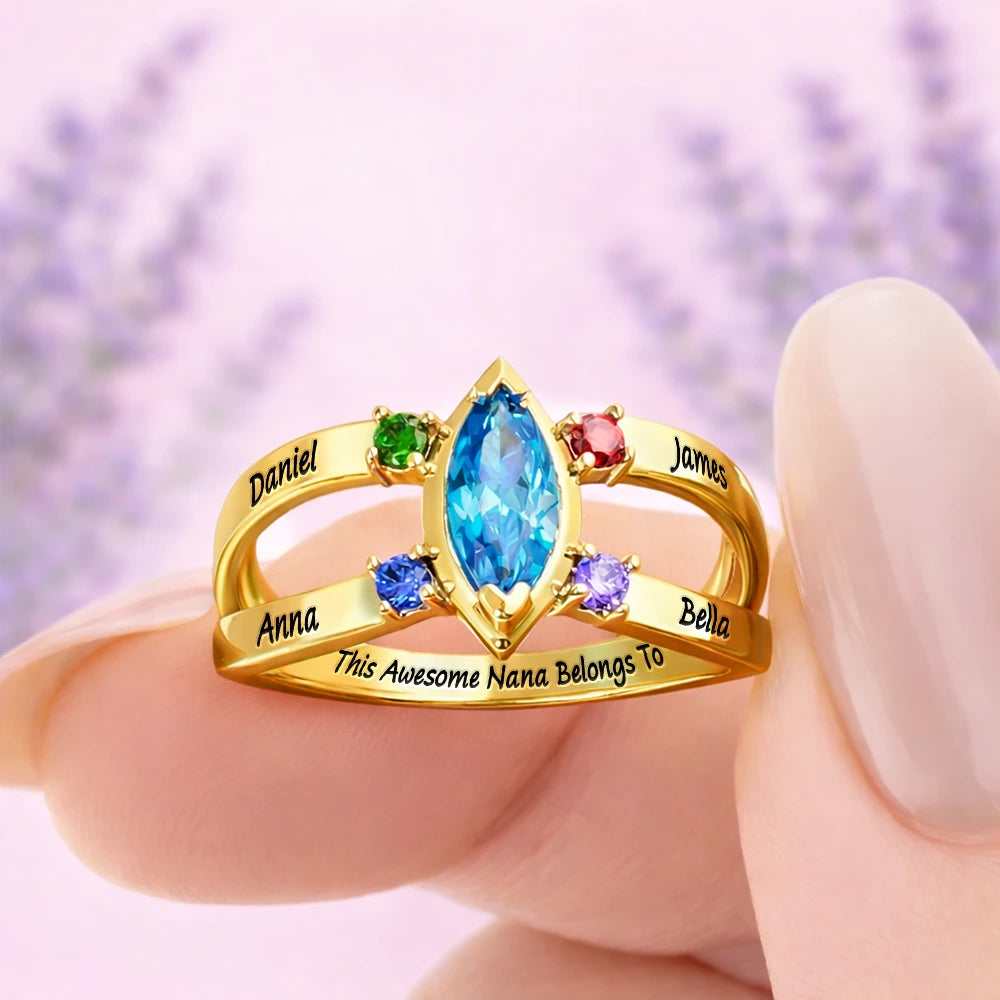 Gift For Women,Gift For Yourself,Gift For Mother,Love,Happy,Gift For Grandma,Non-Eng - This Awesome Mom Belongs Engraved With Kids Name Gemstones - Personalized Birthstone Ring