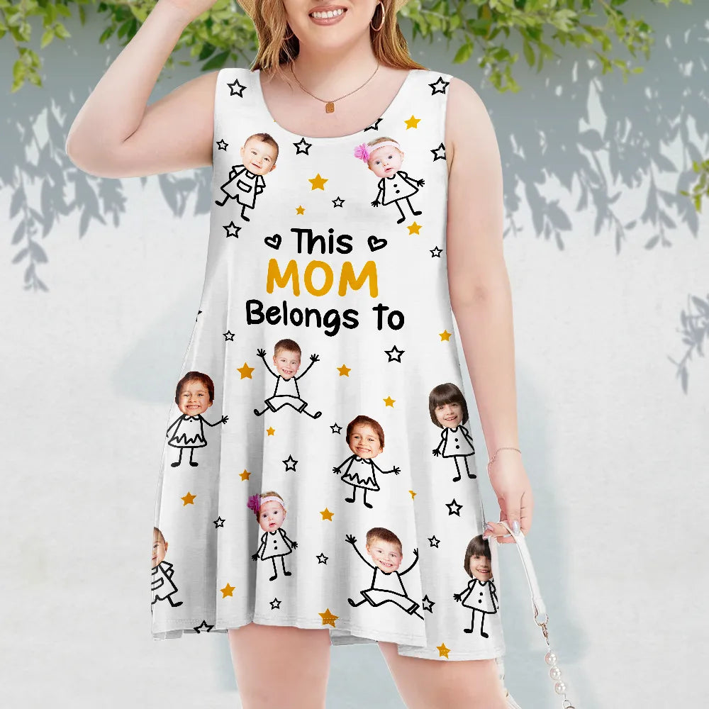 Gift For Grandma,Gift For Mother,Love,Stick Figure,Non-Eng,Photo,Icon - Custom Photo This Grandma Mom Belongs To Kids Pet - Personalized Sleeveless Tank Dress