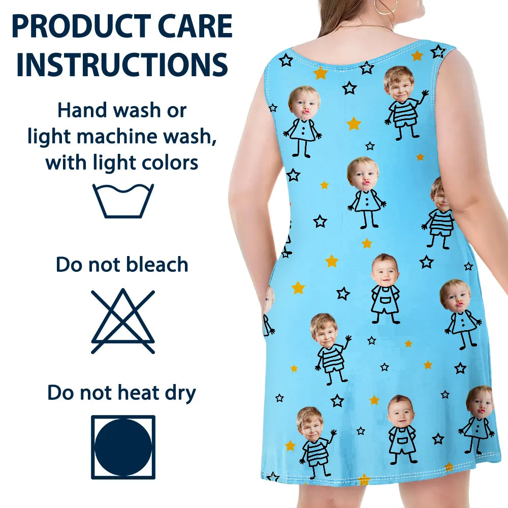 Gift For Grandma,Gift For Mother,Love,Stick Figure,Non-Eng,Photo,Icon - Custom Photo This Grandma Mom Belongs To Kids Pet - Personalized Sleeveless Tank Dress