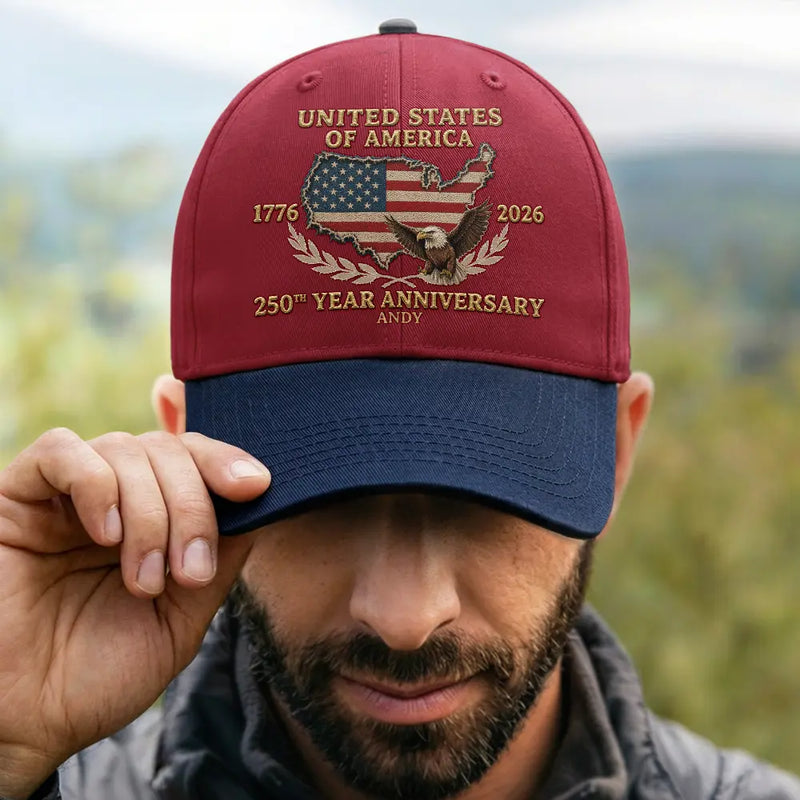 Happy,Independence Day,Gift For Men,Gift For Yourself,Gift For Women,America 250th,Proud - Faux Embroidery Effect Patriotic USA 250th Anniversary - Personalized Two Tone Cap