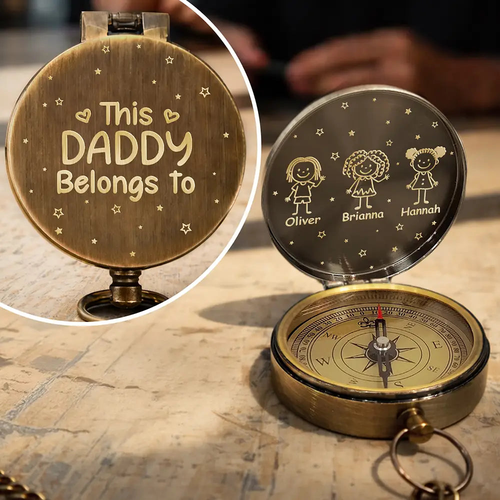 Gift For Father,Gift For Grandpa,Happy,Non-Eng,Icon,Humorous - This Grandpa Dad Belongs To Kids Pet Stick Figures - Personalized Engraved Brass Compass